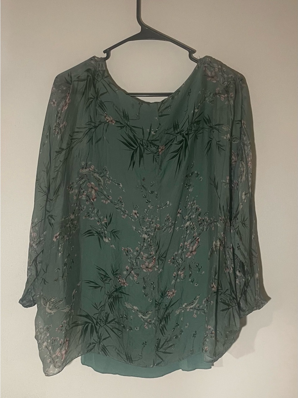 #10 Belle France Green Floral Sheer Blouse with Delicate Pink Blossoms size S